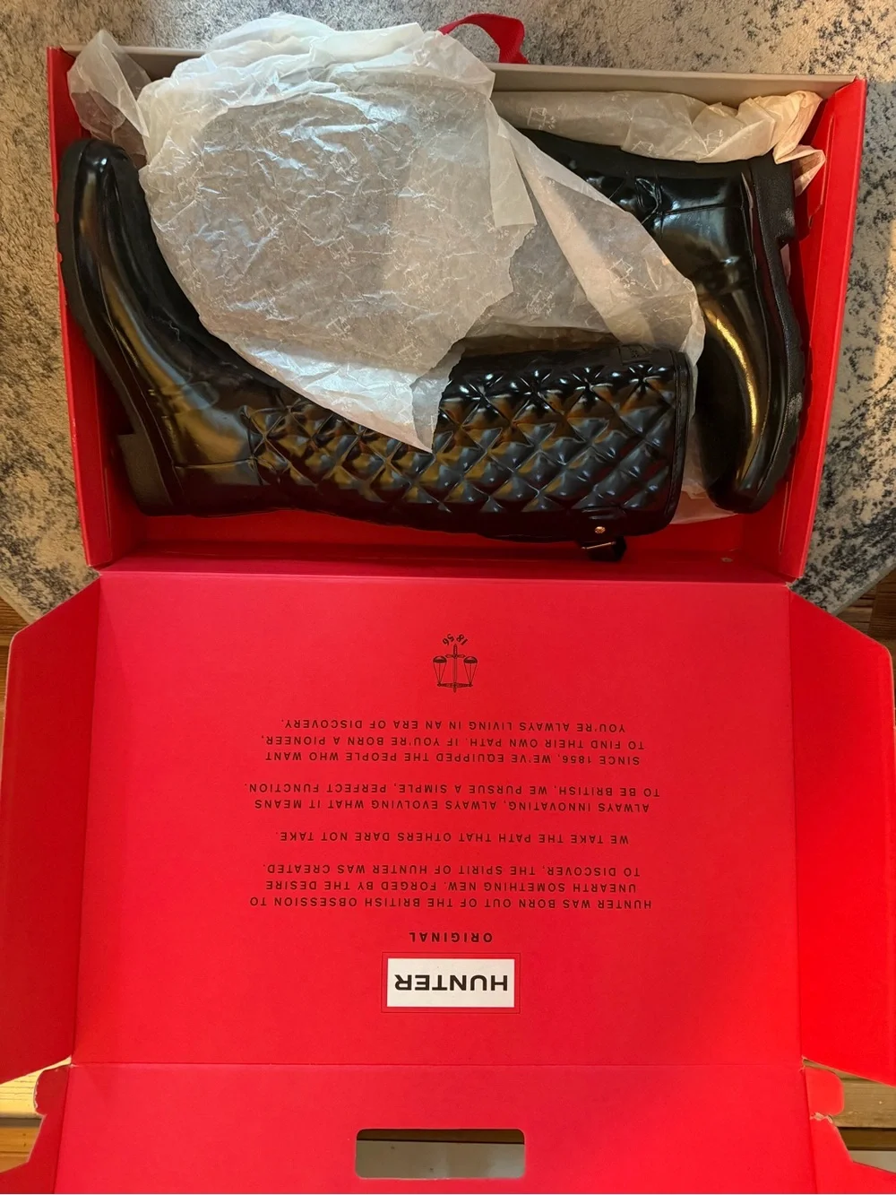 Hunter Black Quilted boots, New In Box